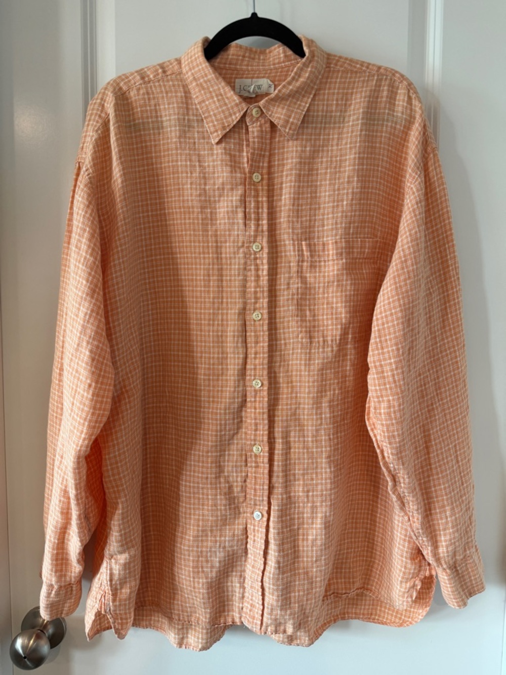 J. Crew‎ Men’s 100% Linen Plaid Orange & White Long Sleeve Collared Shirt XL